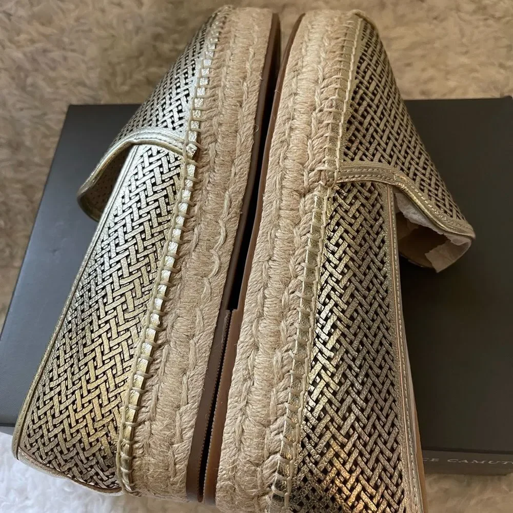 NWB Vince Camuto Hamorra leather gold laser cut slip on espadrilles jute SZ10M